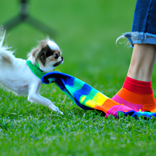 כלב קטן משחק בשמחה כשהוא לובש גרביים צבעוניות